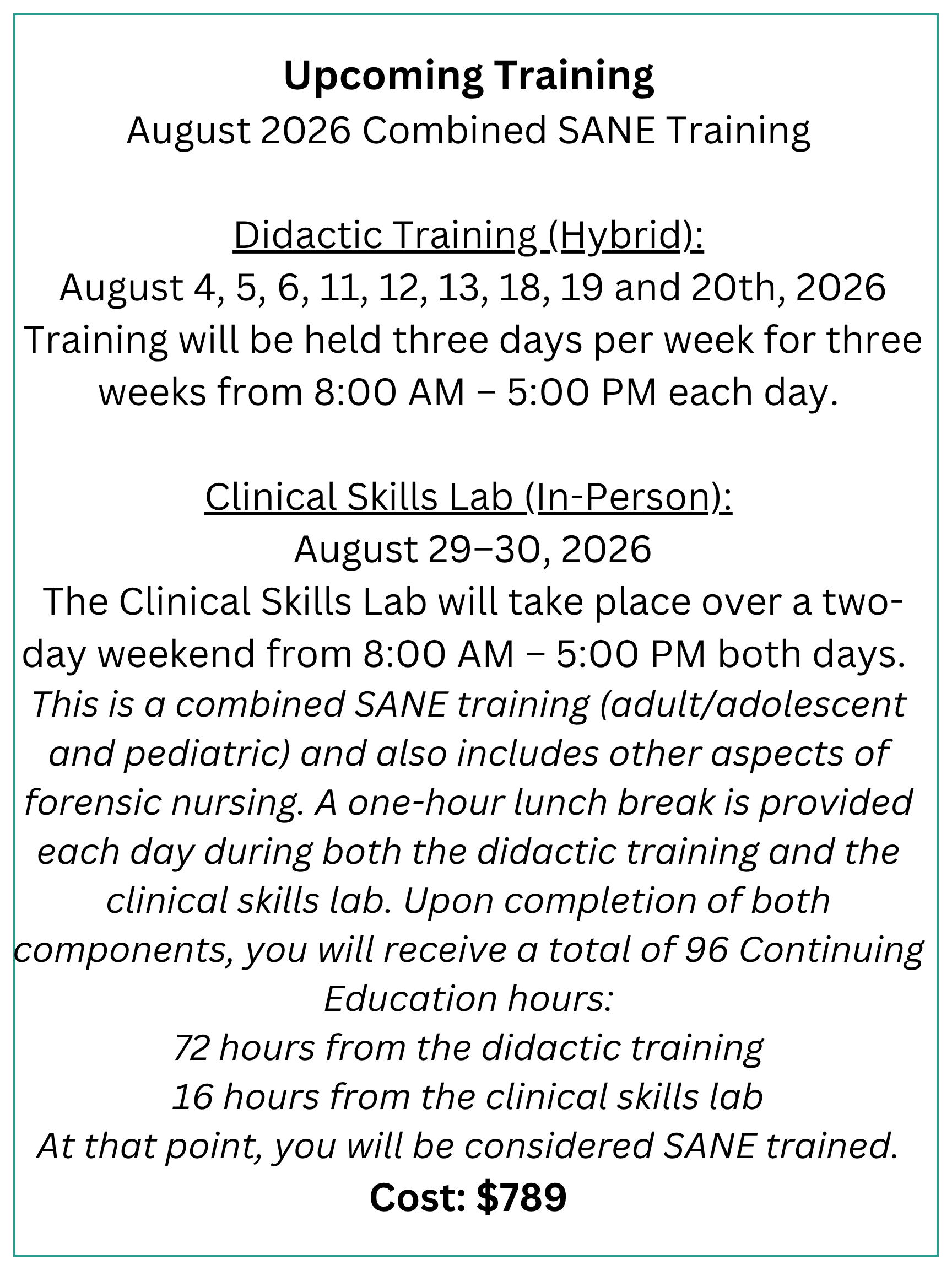 Upcoming SANE training schedule and details